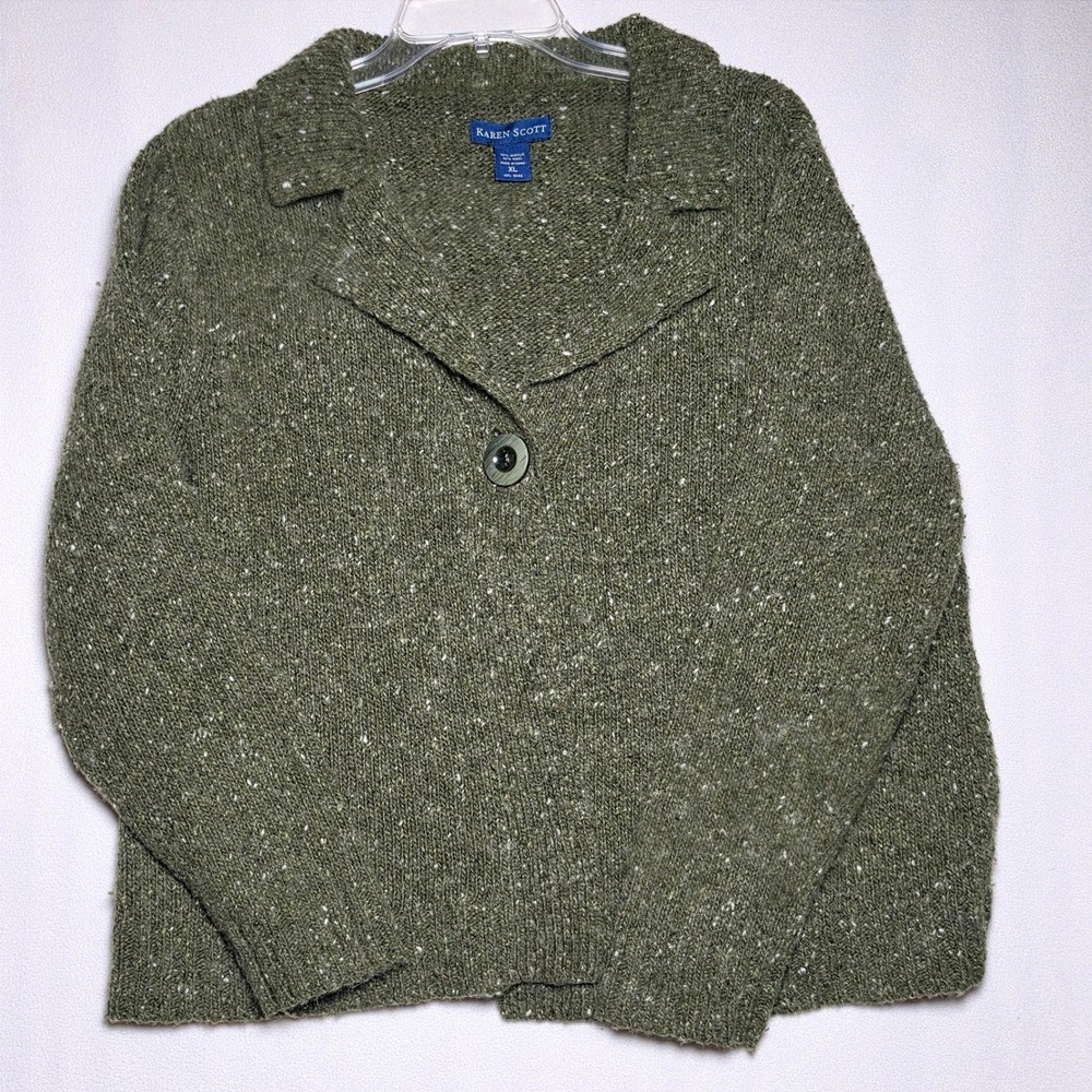 Karen Scott Women Olive Green Wool Blend Single Button Knit Cardigan XL 1028
